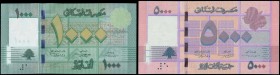 LEBANON: Set of two banknotes including 1000 Livres (2012) & 5000 Livres (2012). S/N: "K/08 6309605" & "A/01 0964312". (Pick 90b+91) & (Spink BDL B32b...