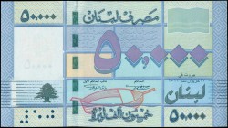 LEBANON: 50000 Livres (2012) in violet, green, blue and multicolor. S/N: "D/03 5219429". WMK: Cedar tree and electrotype. Printed by Goznak (without i...