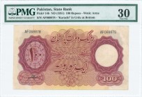 PAKISTAN: 100 Rupees (ND 1954) in red-brown with crescent moon and star. S/N: "AF068878". Variety: Karachi printed in Urdu at lower center. WMK: Arms....