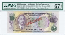 PHILIPPINES: Collectors series specimen of 100 Piso (Pick #164) (ND 1978) in purple and deep olive-green on multicolor unpt with M Roxas at left. Gree...
