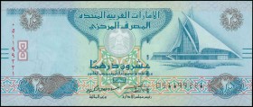 UNITED ARAB EMIRATES: 20 Dirhams (2015 / AH1436) in green, blue and multicolor with Dubai Creek Golf and Yacht Club at right. S/N: "051199221". WMK: S...