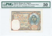 ALGERIA: 5 Francs (14.3.1941) in red-orange, blue and multicolor with girl with kerchief at right. S/N: "U.5017 477". WMK: Womans head. Inside holder ...