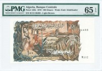 ALGERIA: 100 Dinars (1.11.1970) in light brown, brown-orange, blue-gray and pale yellow-orange with two men at left, airport at center and wheat ears ...