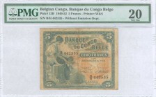 BELGIAN CONGO: 5 Francs (7.9.1951) in blue-gray on orange unpt with woman seated with child by beehive at left. S/N: "B/H 442535". Printed by W&S. Ins...