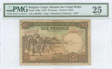 BELGIAN CONGO: 10 Francs (10.7.1942) in brown on green and pink unpt with dancing Watusi at left. S/N: "L 405335". WMK: Okapi head. Printed by W&S. In...