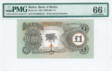 BIAFRA: 1 Pound (ND 1968-69) in dark brown on green, brown and orange unpt with palm tree and small rising sun at top left center. S/N: "DL0998318". I...