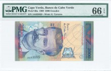 CAPE VERDE: 2000 Escudos (1.7.1999) in brown, green, red and multicolor with Eugenio Tavares at bottom. S/N: "JA033059". WMK: Tavares. Inside holder b...