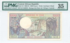 CENTRAL AFRICAN REPUBLIC: 1000 Francs (1.6.1984) in blue and multicolor with butterfly at left, waterfall at center and water buffalo at right. S/N: "...