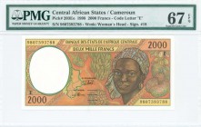 CENTRAL AFRICAN STATES / CAMEROON: 2000 Francs (1998) in dark brown and green with black text on orange and multicolor unpt with womans head at right....
