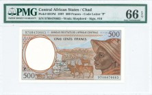 CENTRAL AFRICAN STATES / CHAD: 500 Francs (1997) in dark brown and gray on multicolor unpt with Shepherd at right. S/N: "9708470665". WMK: Shepherd. P...