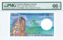 COMOROS: 2500 Francs (ND 1997) in purple and blue on multicolor unpt with woman wearing colorful scraf at left. S/N: "03198925". WMK: Four stars and c...