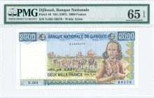 DJIBOUTI: 2000 Francs (ND 1997) in dark blue, blue-black and black on yellow and multicolor unpt with young girl at right and camel caravan at center....