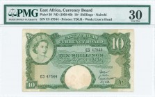 EAST AFRICA: 10 Shillings (ND 1958) in green on multicolor unpt with portrait of Queen Elizabeth II at upper left. WMK: Lions Head. Printed by TDLR. I...