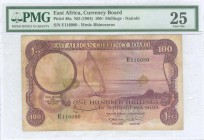 EAST AFRICA: 100 Shillings (ND 1964) in deep red on multicolor unpt with sailboat at left center. S/N: "E 116080". WMK: Rhinoceros. Printed by BWC (wi...