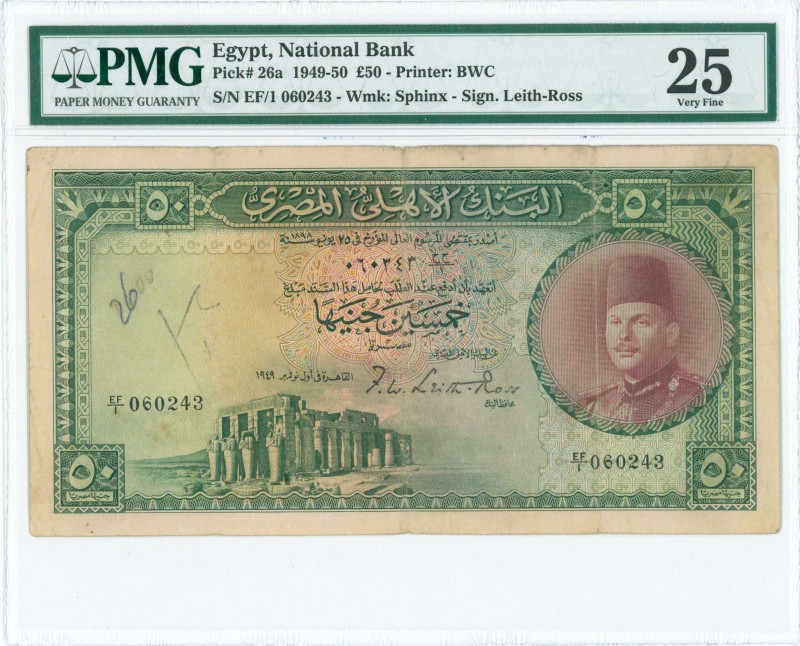 EGYPT: 50 Pounds (1949) in green and brown with portrait of King Farouk at right...