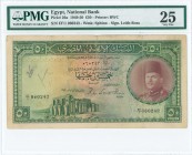 EGYPT: 50 Pounds (1949) in green and brown with portrait of King Farouk at right and ruins at lower left center. S/N: "EF/1 060243". WMK: Sphinx. Sign...