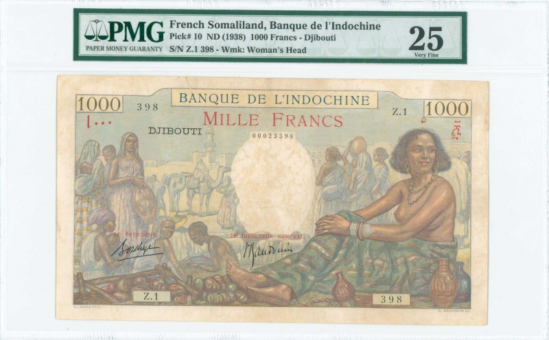 FRENCH SOMALILAND: 1000 Francs (ND 1938) in multicolor with market scene at left...