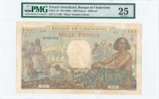 FRENCH SOMALILAND: 1000 Francs (ND 1938) in multicolor with market scene at left and woman sitting at right. S/N: "Z.1 398". WMK: Womans head. Inside ...