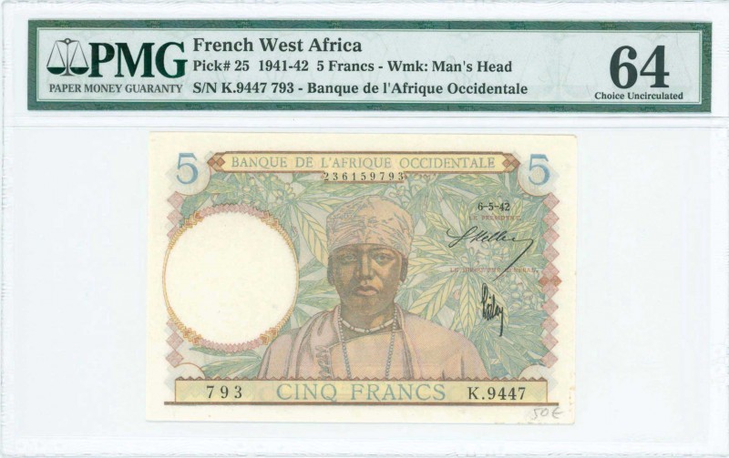 FRENCH WEST AFRICA: 5 Francs (6.5.1942) in multicolor with man at center. Value ...