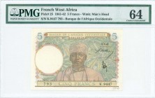 FRENCH WEST AFRICA: 5 Francs (6.5.1942) in multicolor with man at center. Value in light blue. S/N: "K.9447 793". WMK: Mans head. Inside holder by PMG...