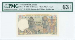 FRENCH WEST AFRICA: 5 Francs (22.4.1948) in multicolor with two women, one in finery, the other with jug. S/N: "V.65 22350". WMK: Old mans head. Print...