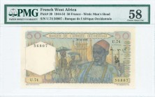 FRENCH WEST AFRICA: 50 Francs (28.10.1954) in multicolor with women at center and old man wearing fez at right. S/N: "U.74 56807". Printed in France (...