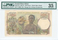 FRENCH WEST AFRICA: 100 Francs (22.12.1950) in multicolor with woman with fruit bowl at center. S/N: "T.10001 183". Printed in France (without imprint...