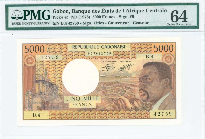 GABON: 5000 Francs (ND 1978) in brown with president O Bongo at right. S/N: "B.4...