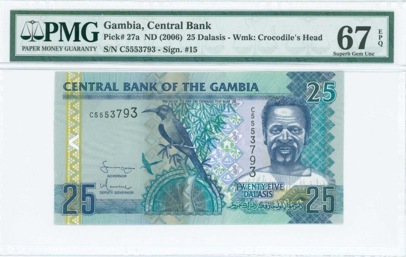 GAMBIA: 25 Dalasis (ND 2006) in multicolor with Carmine Bee Eater at center and ...