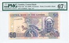 GAMBIA: 50 Dalasis (ND 2006) in multicolor with hoopoe birds at center and woman at right. S/N: "G1558034". WMK: Crocodiles head. Printed by TDLR (wit...