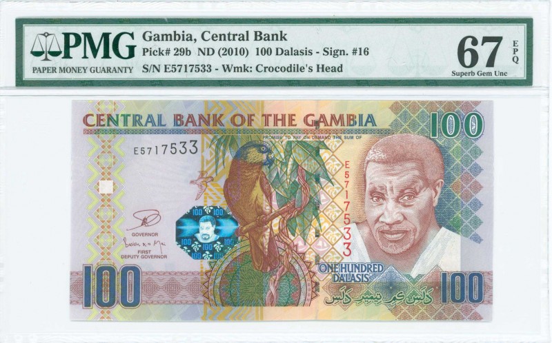GAMBIA: 100 Dalasis (ND 2010) in multicolor with Gambian man at right. S/N: "E57...