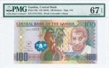 GAMBIA: 100 Dalasis (ND 2010) in multicolor with Gambian man at right. S/N: "E5717533". WMK: Crocodiles head. Printed by TDLR (without imprint). Insid...