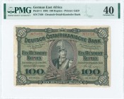 GERMAN EAST AFRICA: 100 Rupien (15.6.1905) in black on green unpt with portrait of Kaiser Wihelm II in cavary uniform at center. S/N: "7108". Printed ...