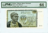 GUINEA - BISSAU: 500 Pesos (24.9.1975) in green, black and brown on multicolor unpt with President A Cabral at left, Arms at center and soldier at rig...