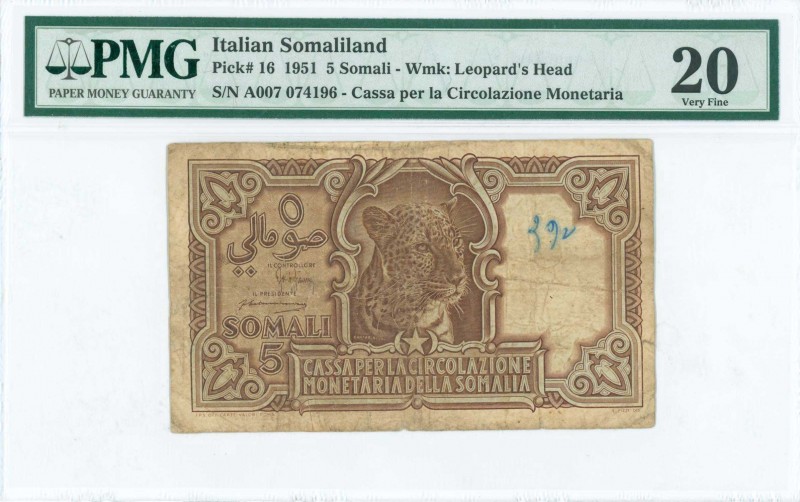 ITALIAN SOMALILAND: 5 Somali (1951) in brown-violet and light blue with leopard ...