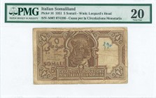 ITALIAN SOMALILAND: 5 Somali (1951) in brown-violet and light blue with leopard at center. S/N: "A007 074196". WMK: Leopards head. Printed in Italy. I...