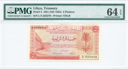LIBYA: 5 Piastres (Law 1951 - ND 1955) in red on light yellow unpt with colonnade at left and palm tree at right. S/N: "L/2 223270". Printed by TDLR (...