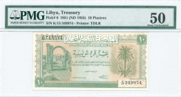 LIBYA: 10 Piastres (Law 1951 - ND 1955) in green on light orange unpt with ruins of gate at left and palm tree at right. S/N: "K/15 349974". Printed b...