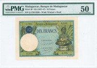 MADAGASCAR: 10 Francs (ND 1937-47) in green and blue with woman with fruits at right. S/N: "Q.1704 0288". WMK: Womans head. Printed by Imp Chaix, Pari...