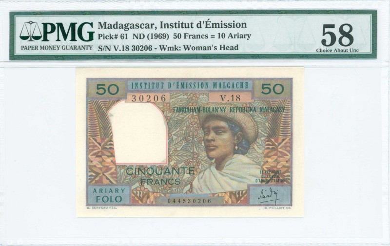 MADAGASCAR: 50 Francs = 10 Ariary (ND 1969) in multicolor with woman with hat at...