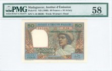 MADAGASCAR: 50 Francs = 10 Ariary (ND 1969) in multicolor with woman with hat at center right. S/N: "V.18 30206". WMK: Womans head. Inside holder by P...