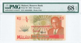 MALAWI: 5 Kwacha (1.6.1995) in red and orange-brown on multicolor unpt with President Muluzi at right. S/N: "Ak942860". WMK: Fish. Printed by TDLR (wi...