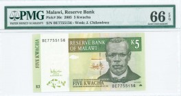 MALAWI: 5 Kwacha (1.12.2005) in deep olive-green, green and olive-brown on multicolor unpt with J Chilembwe at right. S/N: "BE7755156". WMK: J Chilemb...