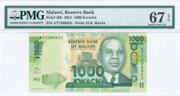 MALAWI: 1000 Kwacha (1.1.2013) in green and orange on multicolor unpt with Dr Hastings Kamuzu Banda at center right. S/N: "AT7396923". WMK: Banda. Pri...