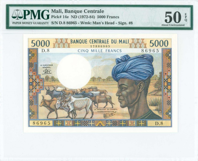 MALI: 5000 Francs (ND 1972-84) in blue, brown and multicolor with cattle at lowe...