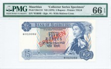 MAURITIUS: Complete set of four specimens of 5 Rupees + 10 Rupees + 25 Rupees + 50 Rupees (ND 1978) with Queen Elizabeth II at right. Diagonal ovpt "S...