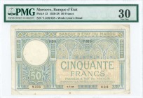 MOROCCO: 50 Francs (1.7.1928) in blue-green and light brown with ornamental decoration. S/N: "Y.376 928". WMK: Lions head. Inside holder by PMG "Very ...