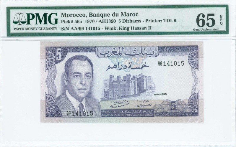 MOROCCO: 5 Dirhams (1970 / AH1390) in purple on light blue and multicolor unpt w...