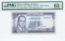 MOROCCO: 5 Dirhams (1970 / AH1390) in purple on light blue and multicolor unpt with King Hassan II at left. S/N: "AA/99 141015". WMK: King Hassan II. ...