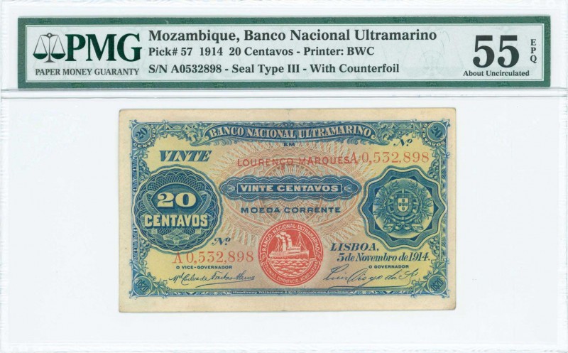 MOZAMBIQUE: 20 Centavos (5.11.1914) in blue on multicolor unpt with red steamshi...